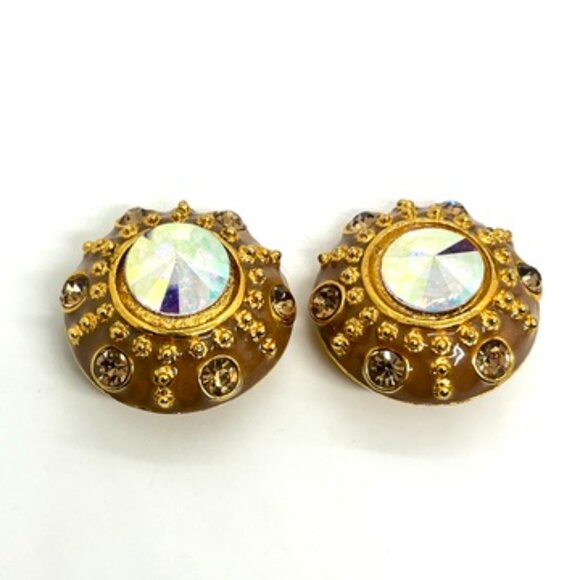 VINTAGE BLANCA AURORA BOREALIS RIVOLI ENAMEL GOLD TONE CLIP EARRINGS SIGNED - Picture 6 of 16